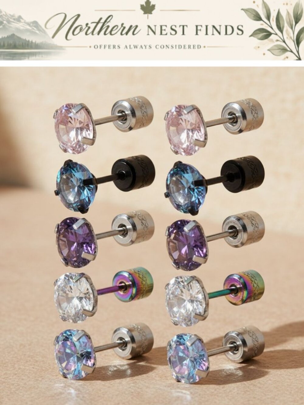 Titanium Flatback Stud Earrings Set Cubic Zirconia Hypoallergenic